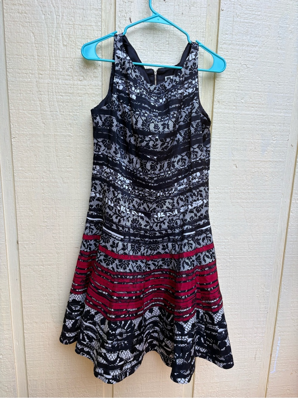 Black and Red Patterned Fit-and-Flare Midi Dress, lined